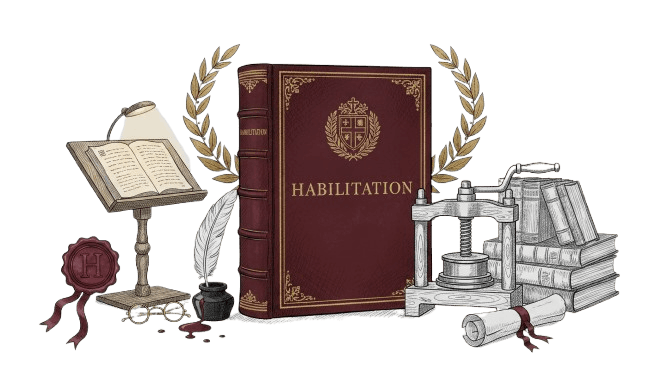 Eine professionell gedruckte und gebundene Habilitation mit Hardcover-Einband in einer eleganten Bibliotheksumgebung.